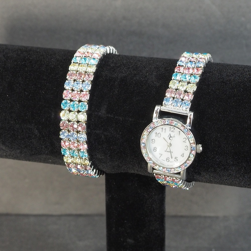 Quartz Watch Stretch Bracelet Matched Set Silver Tone Pastel Rainbow Rhinestone